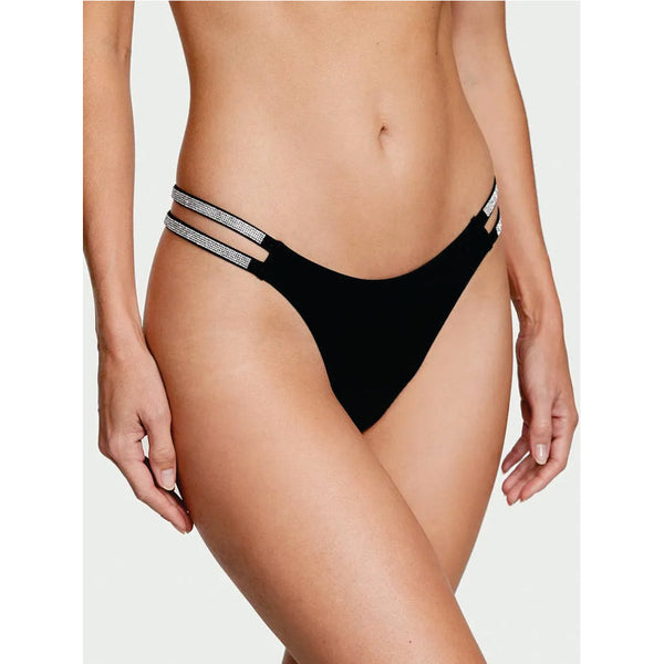 TALLA M - Tanga Lisa con Tiras Dobles y Brillantes Negro