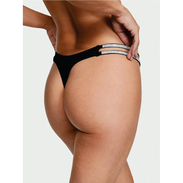 TALLA L - Tanga Lisa con Tiras Dobles y Brillantes Negro