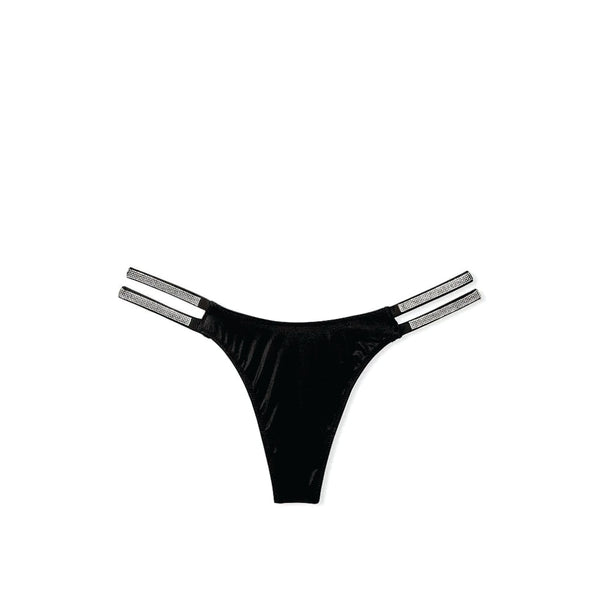 TALLA L - Tanga Lisa con Tiras Dobles y Brillantes Negro