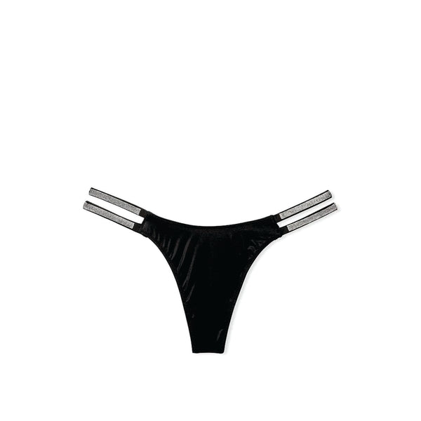TALLA S - Tanga Lisa con Tiras Dobles y Brillantes Negro